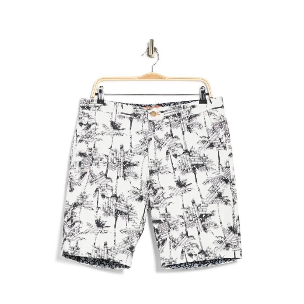 Tallia Mens Black White Tropical Palms Pockets Long Bermuda Shorts Sz 38 New